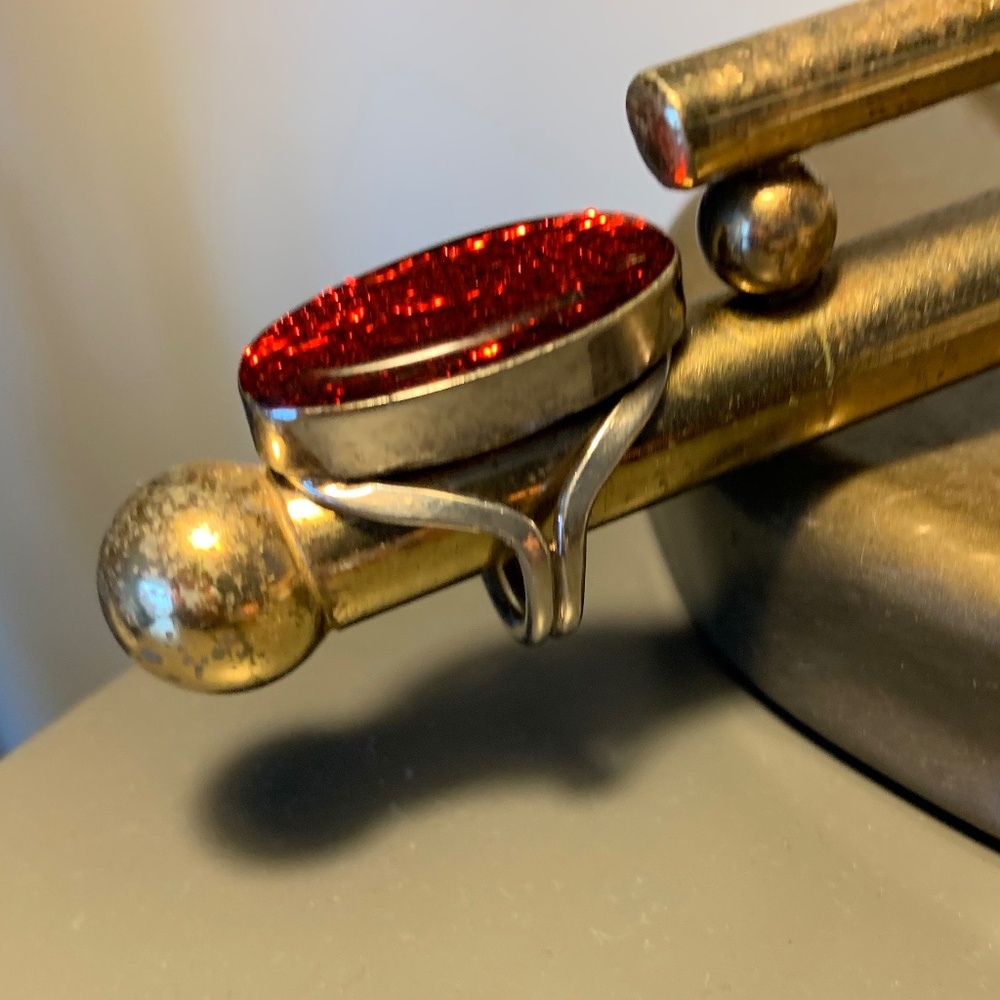 Vintage Sterling Silver Red Sparkle Statement Ring • Handcrafted Long Oval